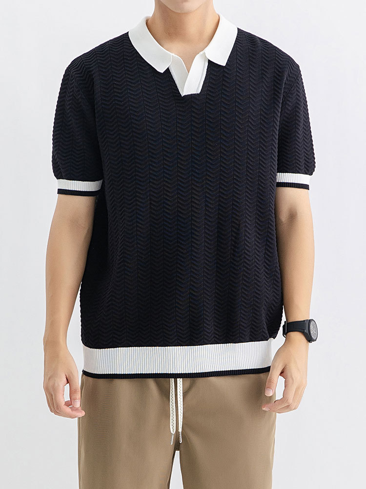 Hombres lujosos de lujo alto sentido antiguo estilo de hielo polo de manga corta hombre rápido seco camiseta de punto de cuello en V camiseta casual hombre