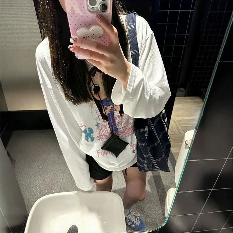 White long-sleeved T-shirt for women with a collar, 2026 new design, niche American style, loose fit, pure cotton base shirt White long-sleeved T-shirt for women with a collar, 2026 new design, niche American style, loose fit, pure cotton base shirt