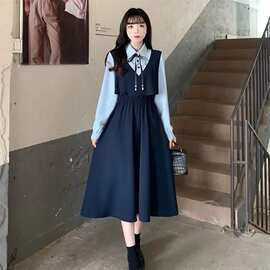 法式复古连衣裙女胖妹妹大码春夏新款收腰显瘦撞色假两件减龄长裙