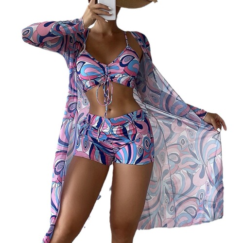 European and American women's swimsuit, three-piece set, high-waisted long-sleeved suit, blouse, sexy bikini