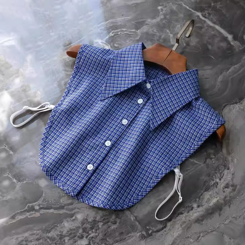Blue Plaid Fake Collar for Women, Versatile Cotton Fake Fashion Sweater with Pointed Collar Shirt for Women, Spring, Autumn and Winter Bottoming Decorative Collar