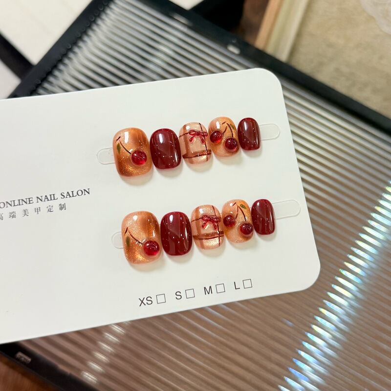 [Slightly Tipsy Cherry] Purely Handmade Wearable Amber Smudged Ice-Transparent Stereo Cherry Cat-Eye Manicure Wholesale