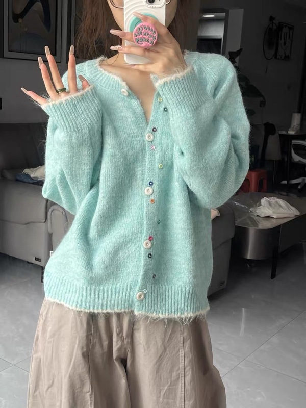 2025秋冬新款韩版彩色纽扣设计感针织开衫女宽松显瘦圆领毛衣外套|undefined