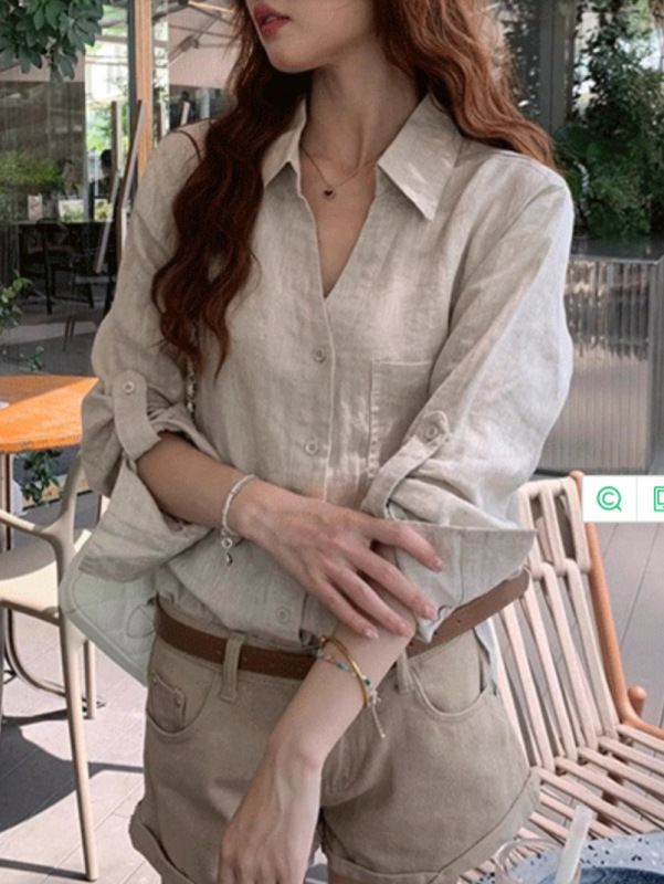 原麻色亚麻老钱风衬衫女秋夏薄款松弛设计感V领棉麻衬衣防晒上衣|undefined