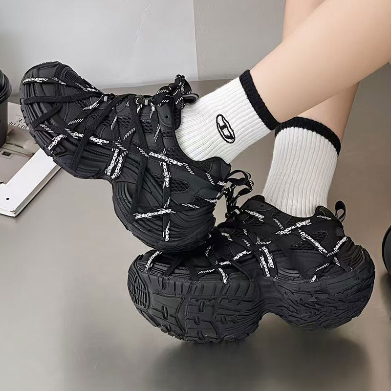 2025新款炸街+蜘蛛网小众ins绑带厚底增高巴黎老爹鞋女校园运动鞋|undefined