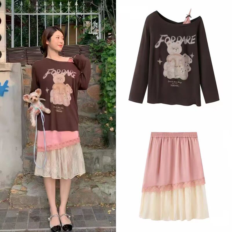 FOR 26r Summer Asymmetrical Shoulder Hand-painted Two-piece Lace Dress and Skirt for Early Autumn FOR 26r Summer Asymmetrical Shoulder Hand-painted Two-piece Lace Dress and Skirt for Early Autumn