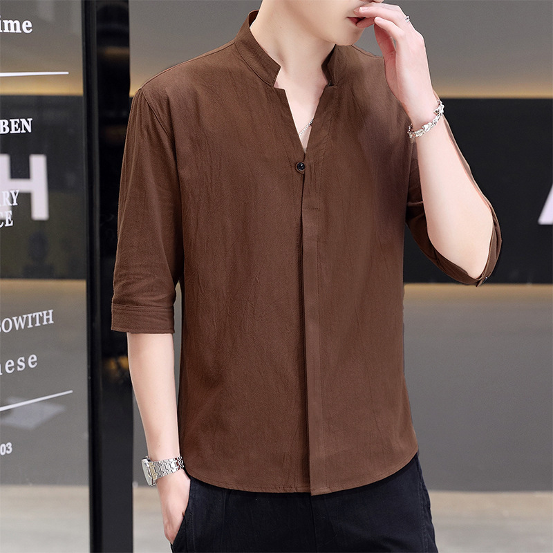 Cotton and Linen Seven-Sleeve Shirt Men's Summer Fashionable Vertical Collar Handsome Shirt Men's high quality Mid-Sleeve Distinctive Korean-Style Shirt
