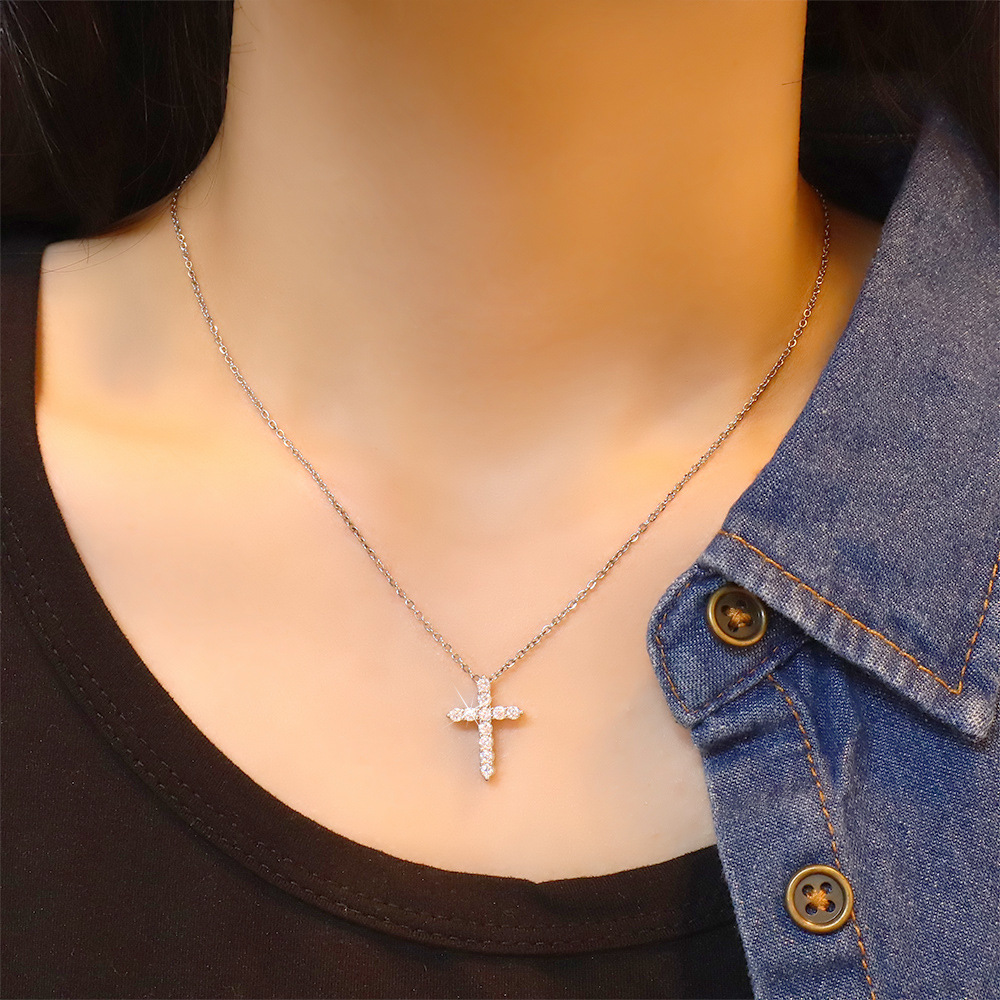 Korean Style Cross Full Diamond Necklace Niche Feminine Versatile Accessible Luxury Sweet Cool Sexy Cold Style Zircon Clavicle Chain