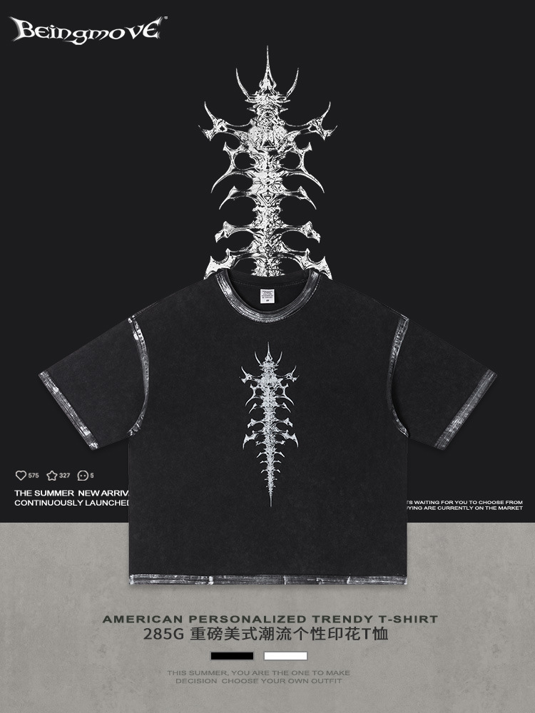 Calle secada| Marca de moda americana retro impresión callejera cuello redondo mangas cortas pesadas camiseta larga larga larga camiseta para hombre