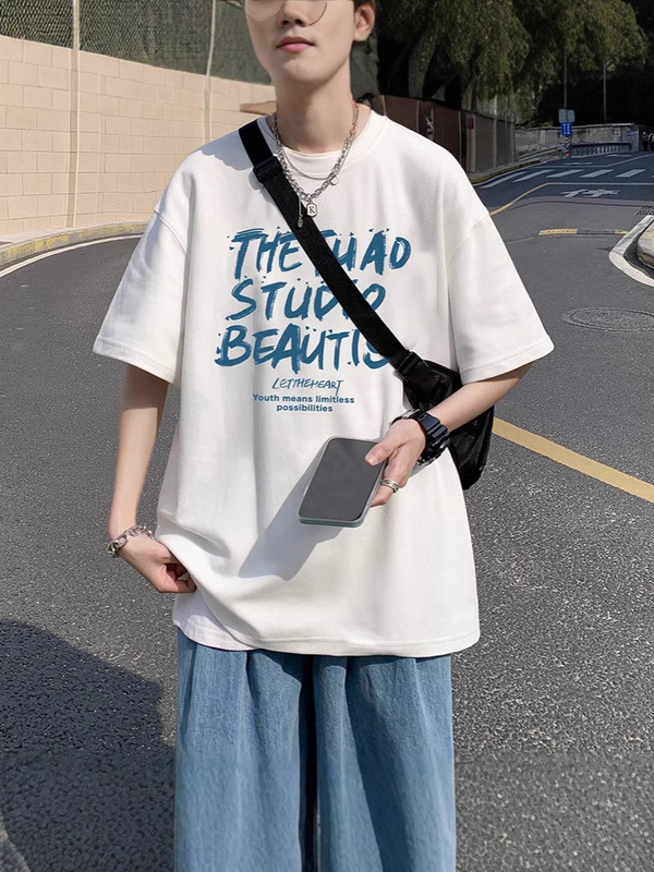 潮牌純綿アルファベット半袖tシャツ男性夏のゆるいtシャツごろつきイケメンカップル上着丸襟tシャツ|undefined