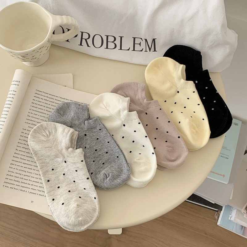 Socks for Women - Summer Thin Polka Dot Ankle Socks with Non-Slip Sole, Round Dot Japanese Invisible Socks in Cream Color - Zhuji Cotton Socks Wholesale