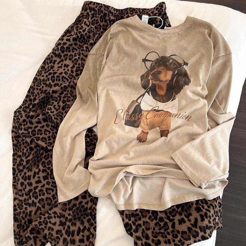 Cross-border leopard print long pants loungewear set for women, spring and autumn long-sleeved pajamas, can be worn as outerwear, casual Korean-style two-piece set
