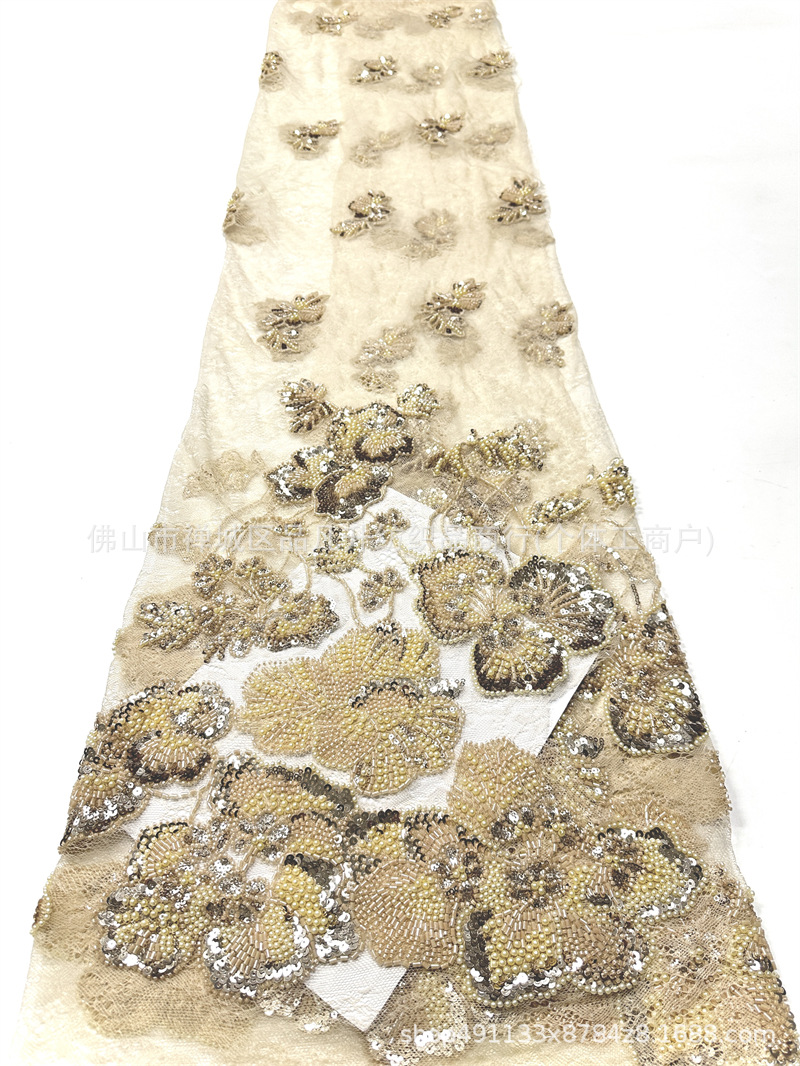 Fábrica directa tela bordada de encaje flor tridimensional tubo bordado vestido de boda vestido de moda tela de vestido