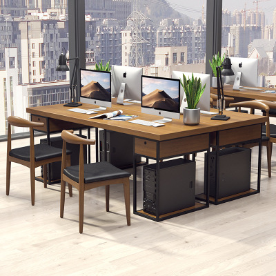 实木办公桌椅组合卡座工位桌职员电脑桌办公家具带层架学习写字桌