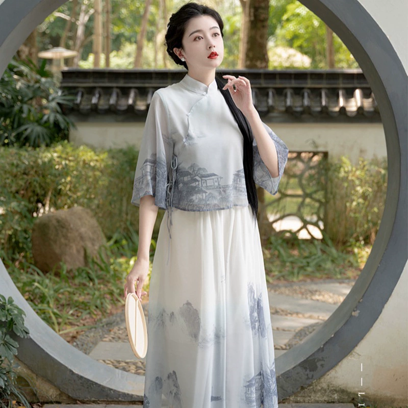 2025 новый летний стиль, новый китайский стиль, ретро, национальный стиль, древний рифма, чернильный принт, улучшенный костюм Тан, элемент Хань, дзен, чайный костюм