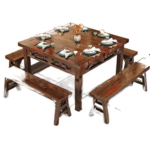 zsr solid wood fast food dining table and chairs combination barbecue snack bar dining table noodle restaurant restaurant canteen carbonized wood hot pot rectangular