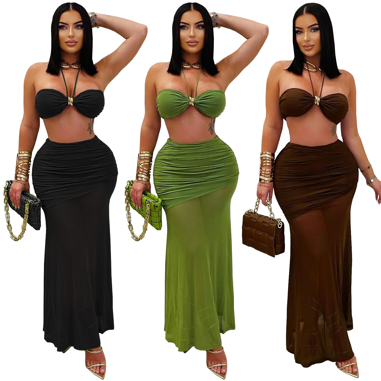 C7456 Cross-border AliExpress Amazon Moda europea y americana Ropa de mujer Tronco sexy Bolso Brazo Pliegues Falda de malla Nuevo
