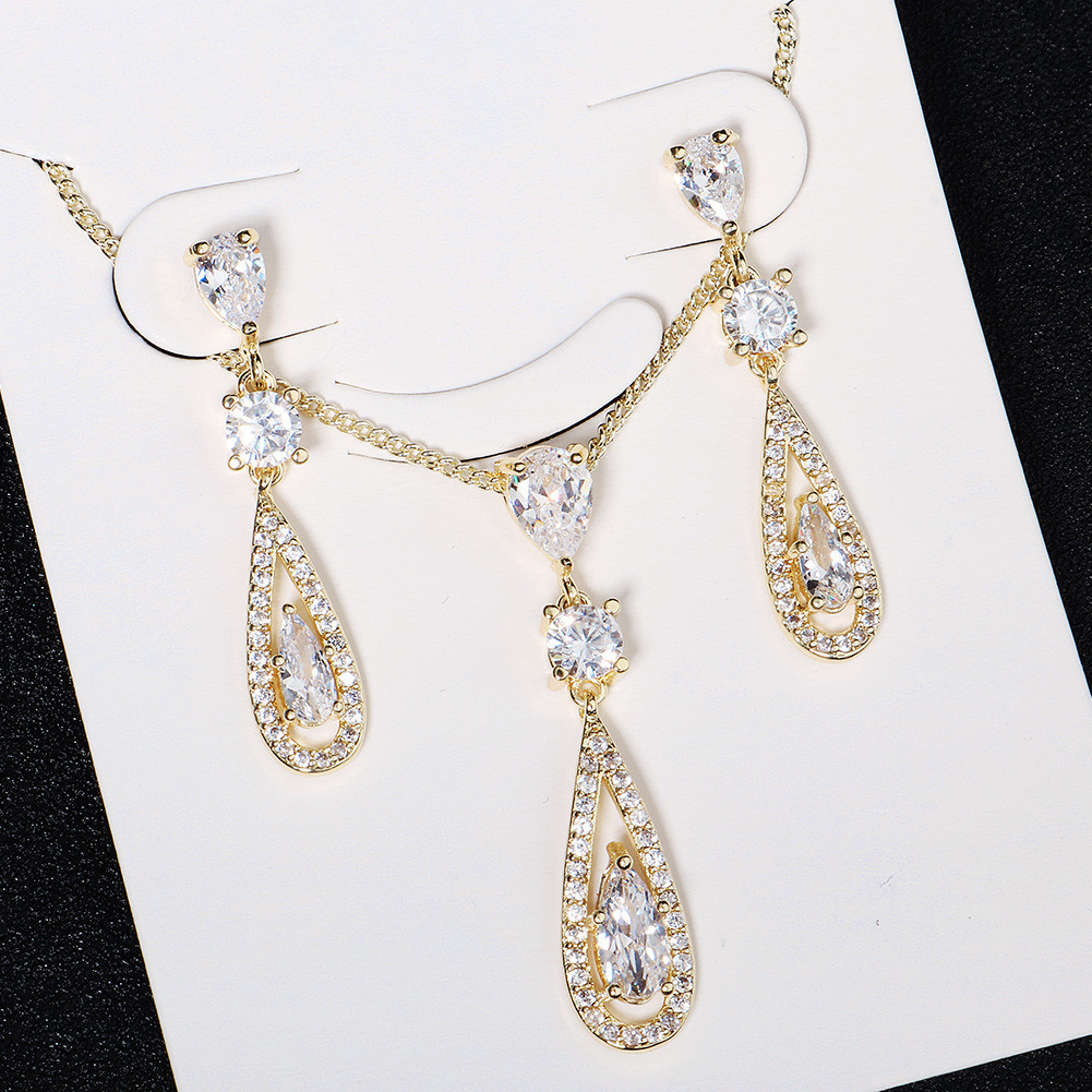 Fashion Zircon Pendant Long Drop-shaped Necklace Earrings Set Wholesale Nihaojewelry display picture 6