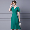 Solid Color Nail Drill short sleeve waistband shows thin， medium and long A-line skirt