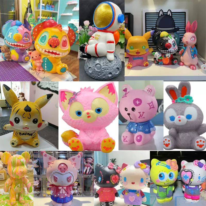 网红爆款搪胶彩绘涂鸦搪胶石膏娃娃白胚史迪仔公园地摊手工批发