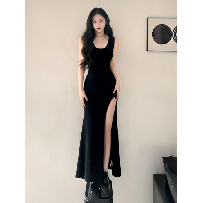 セクシーな純粋な欲望甘いホットガール黒サスペンダードレス女性の夏スリムスリットヒップカバーベストロングスカート|undefined