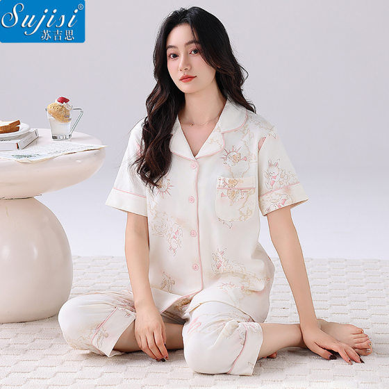 Summer New Women's Cotton Pajamas Thin Cardigan Lapel Short-sleeved Capri Pants Home Clothes Outer Wear Two-piece Suit