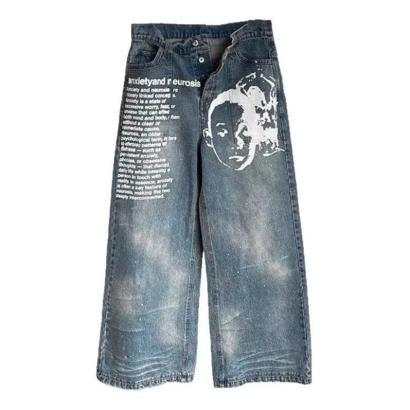Vaqueros de hombre milenario Vaqueros retro con letras con estampado americano ropa de calle gótico Harajuku hip-hop masculino