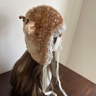 Mori Girl Japanese Girl Dress-up Plush Simulation Cute Lace Elk Show Face Small Thickened Warm Ear Protection Lei Feng Hat