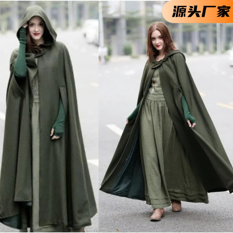 European and American five-color fur collar hooded shawl lengthened women's Halloween cape trench coat coat tweed coat