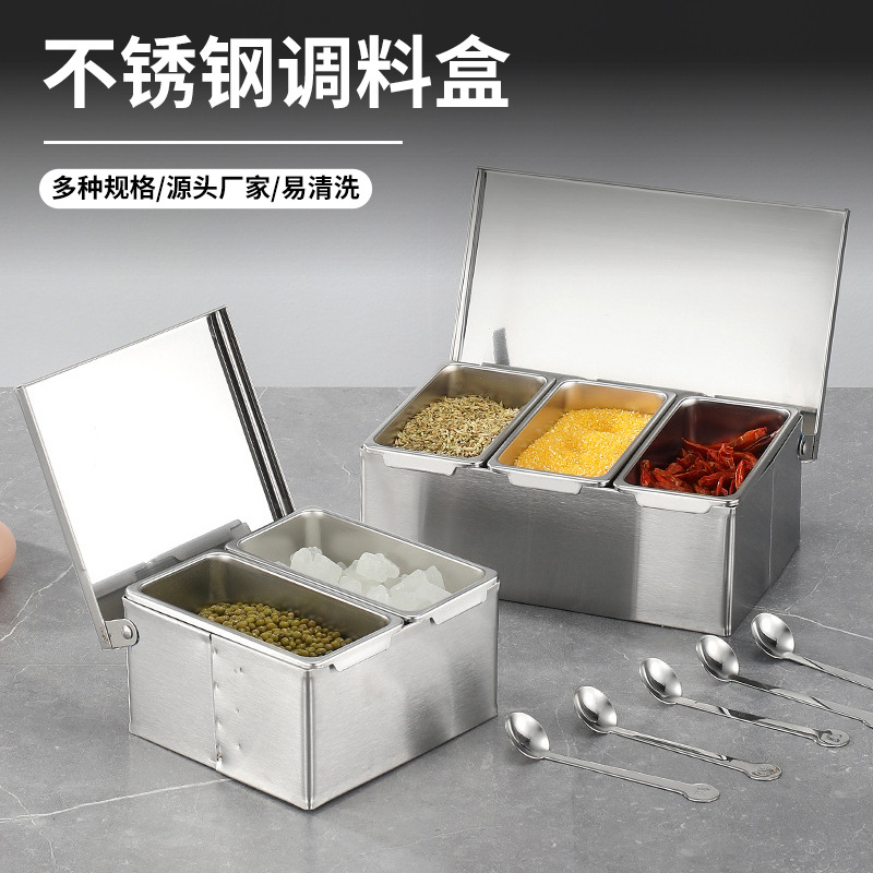Caja de condimento de acero inoxidable 304 caja de condimento comercial caja de almacenamiento caja de ingredientes de polvo de hielo de cocina con tapa caja de muestra