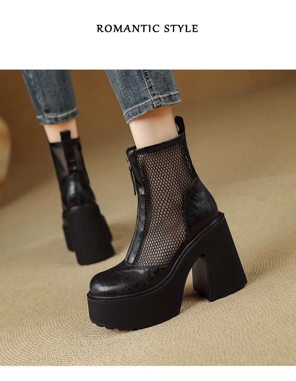 Boot nữ đế dày cao gót lưới thoáng khí kéo khóa trước phong cách combat — màu đen chi tiết 10