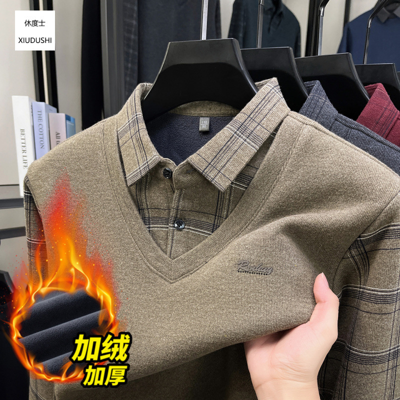 Men's winter new style fleece-lined faux two-piece knit sweater, thick and warm, suitable for middle-aged and elderly men.