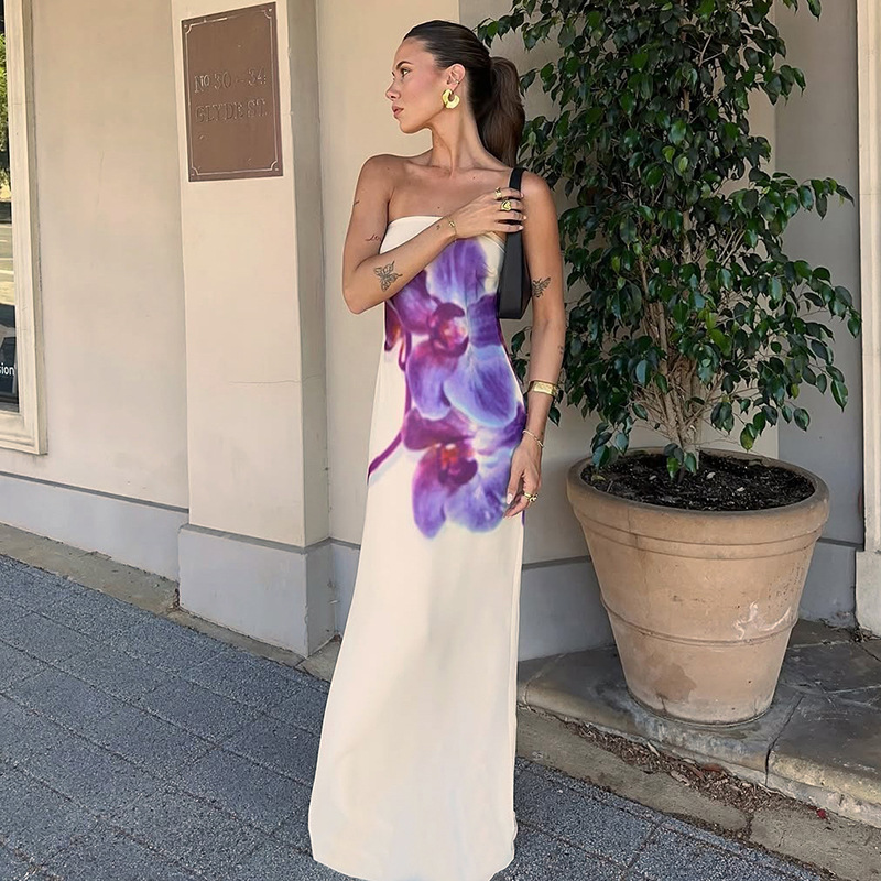 Sanhu Lianjiang D25Ds082 European and American Women's Floral Print Strapless Sleeveless Backless Loose Dress Maxi Dress