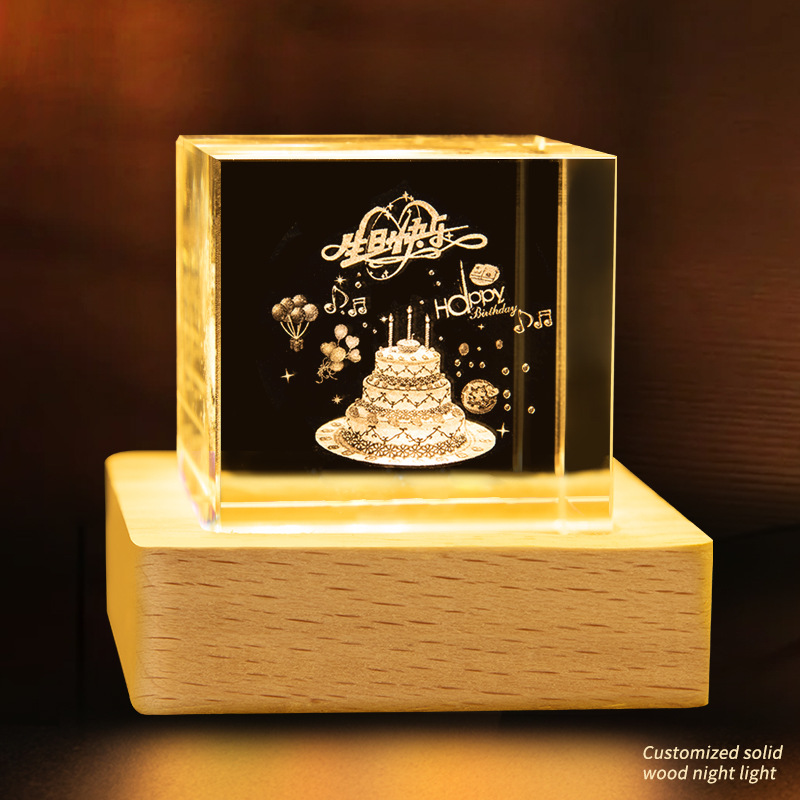 Escultura interior 3D transfronteriza cristal cuadrado luminoso luz nocturna adopción de una nube decoración creativa base de madera decoración decoración de escritorio