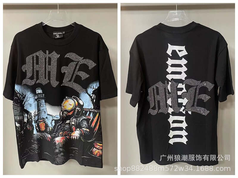 MIXED EMOTION レトロホットダイヤモンドプリントロゴ美しいトレンディなラウンドネックルーズカジュアル半袖Tシャツ男性と女性用|undefined
