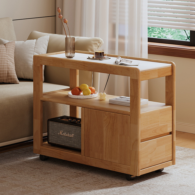 Sofá de madera maciza gabinete lateral tablero de roca lateral rueda nórdica pequeña sala de estar móvil mesa de té mesa de cabezal de cama