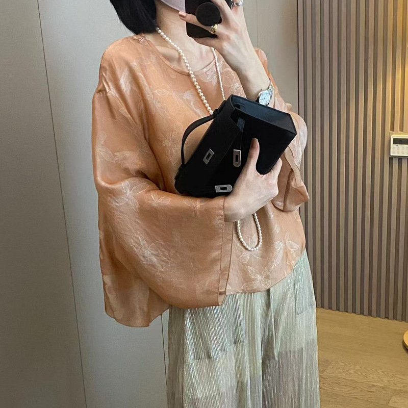 Jacquard Top 26 Spring/Summer New Style New Chinese Style Round Neck Silk Jacquard Loose Slimming Rayon Shirt for Women