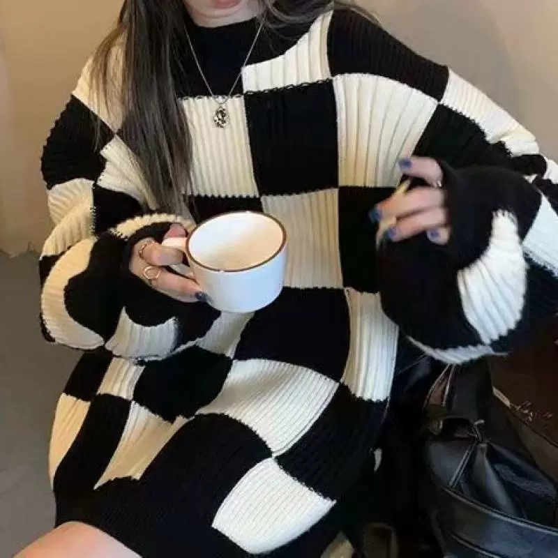2023 осень и зима новый шахматный свитер дизайн чувство нишевые топ среднего роста ретро японские женские хюстеры оптом