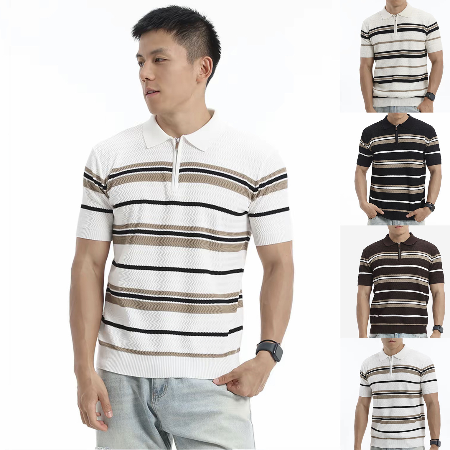 Polo camiseta de punto camiseta de manga corta hombre con solapa tirada cremallera vieja camiseta de hielo de viento de verano fábrica transfronteriza mayorista