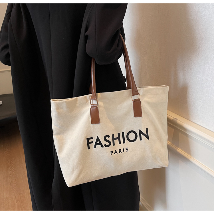 262g Weight Polyester Lining Material Open Closure Type Single Shoulder Strap Strap Type Tote Bag Bags Type Holiday, Daily Occasion Canvas Material Letter Pattern All Seasons Season Women's Gender Classic Style Style Square Shape Large Size Women's Large Canvas Letter Classic Style Square Open Tote Bag 20