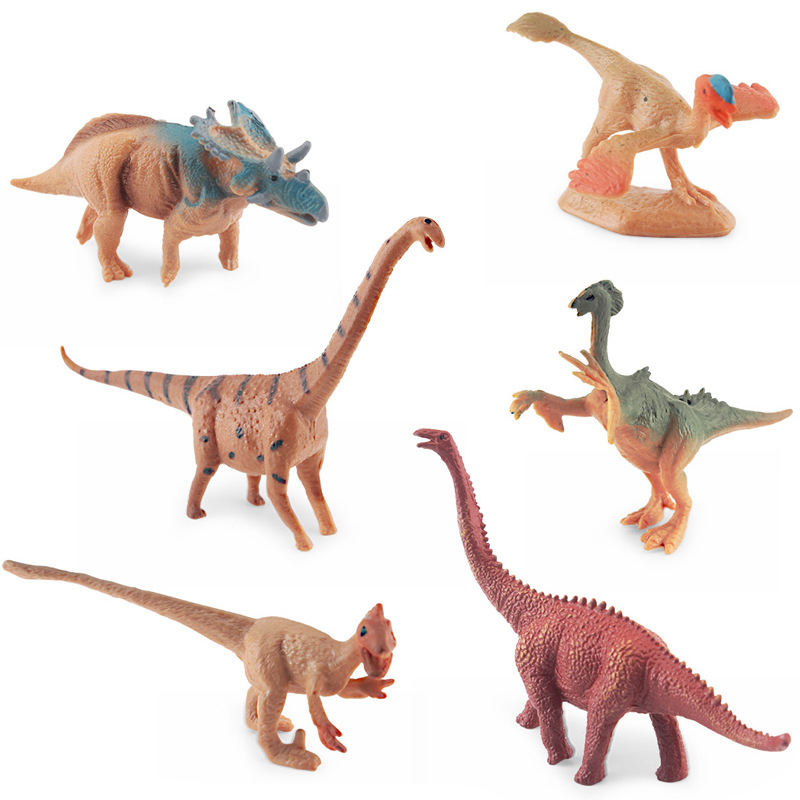 Modelos realistas de mini dinosaurios jurásicos transfronterizos: figuras de pterodáctilo, estegosaurio, parasaurolophus, velociraptor, therizinosaurus, ornithoraptor.