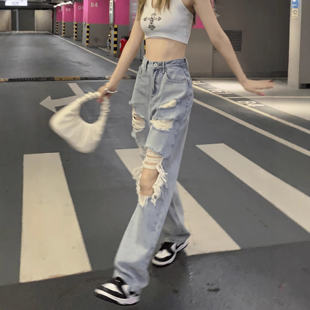 美式辣妹破洞薄款乞丐牛仔阔腿裤夏季高腰直筒设计感休闲长裤女