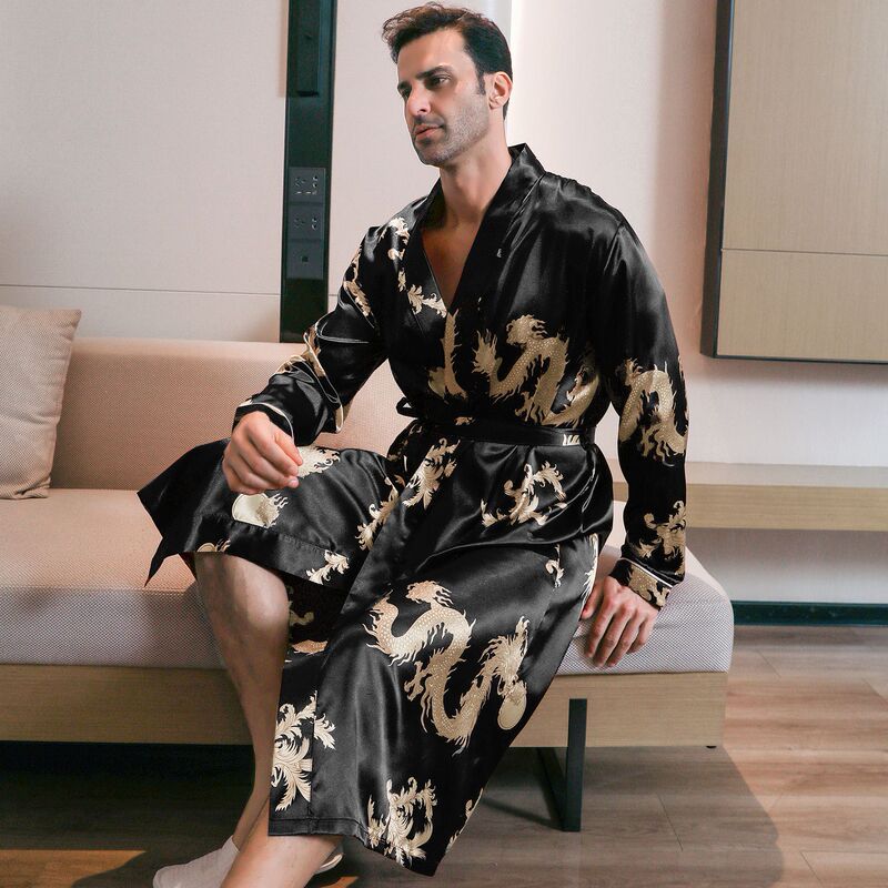 Men's Thin Summer Ice Silk Long Robe, Suitable for Spring and Autumn, Ice Silk Long-Sleeved Bathrobe for Young People, Large Size Loungewear