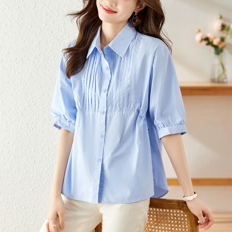 Factory direct light blue shirt women's short sleeve summer design pleated top loose slim cotton shirt