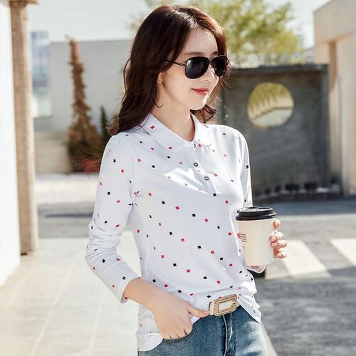 Cross-border spring new women's long-sleeve T-shirt with stylish collar polo shirt Korean version slim fit comfortable temperament base shirt