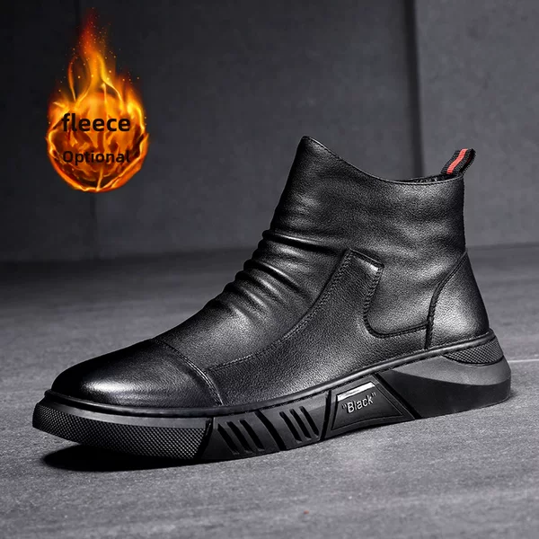 【Cross-Border Trade】Leather Boots, Warm Martin Boots, First-Layer Cowhide, British Style Mid-Cut Short Boots, Winter Non-Slip Men's Shoes