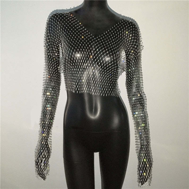 De Europa y América transfronteriza de las mujeres calientes de malla de diamantes de imitación red de pesca de manga larga Sexy Slim rhinestone Top party chica caliente de manga larga