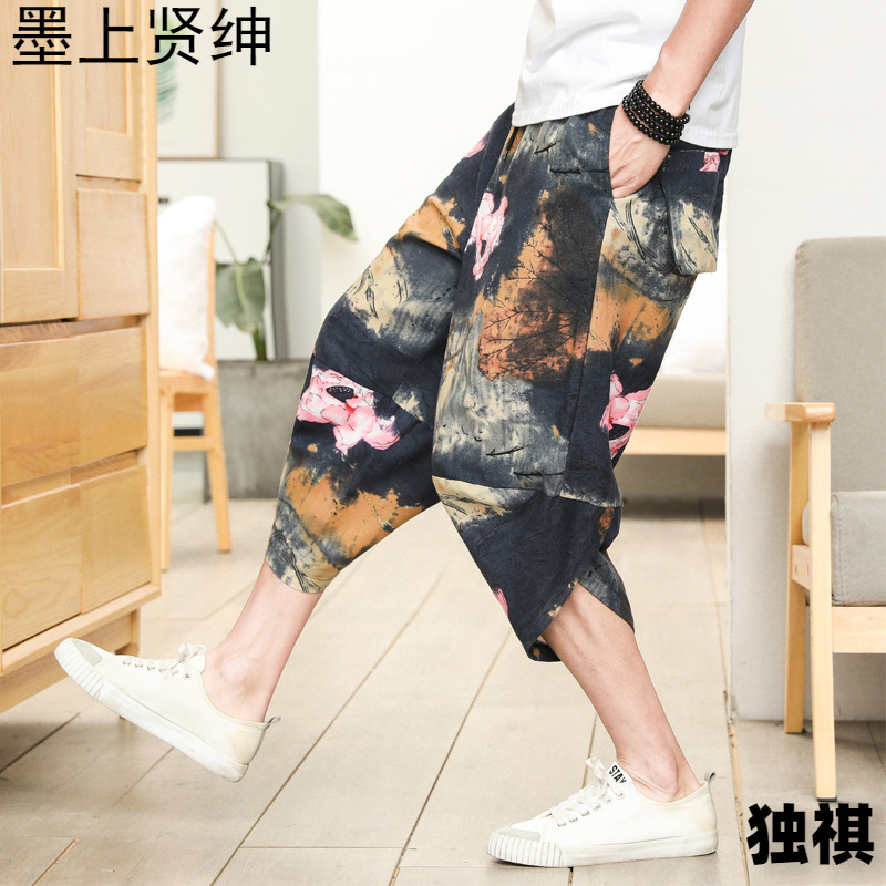 Venta al por mayor de fábrica pantalones de cáñamo de verano pantalones cortos para hombres pies sueltos pantalones de zanahoria pantalones harem de lino de algodón pantalones de flores de estilo étnico