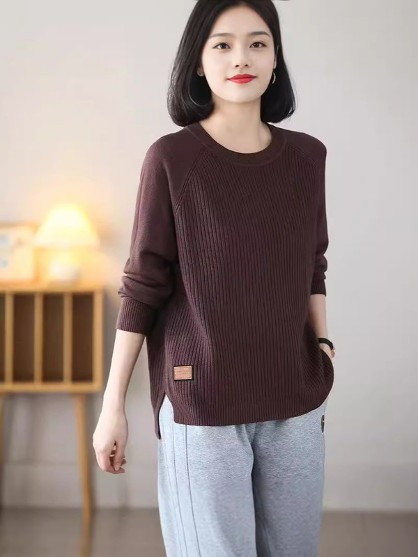 秋冬セーターの女性の新しい丸首を大きくして、大きなサイズの純色の上着を隠します。|undefined