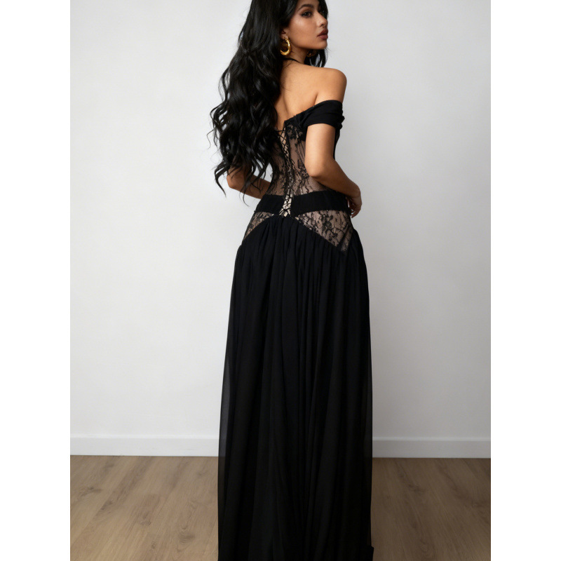 European and American Cross-Border 2025 Black Off-Shoulder Lace Cut Out Long Dress High Slit Draped Banquet Evening Dress